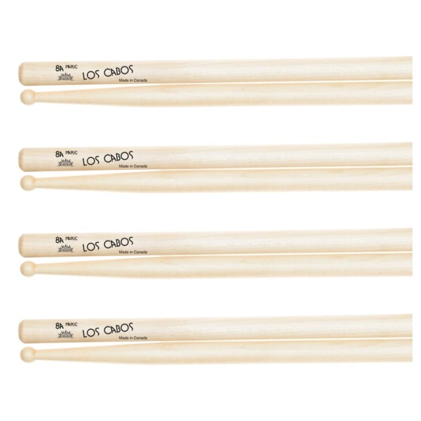 Los Cabos 8A Maple Wood Tip Drumsticks, 4 Pair Pack