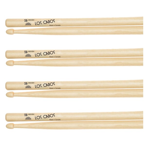 Los Cabos 5B Hickory Wood Tip Drumsticks, 4 Pair Pack