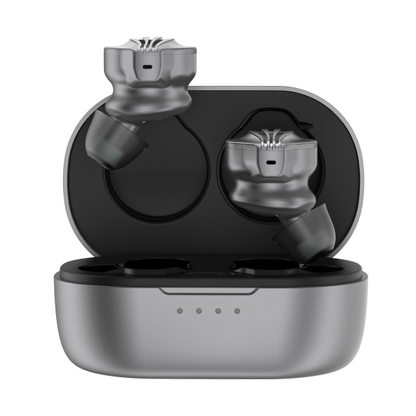 FiiO FW3 Wireless In-Ear Earphones, Grey - Carry case open, earphones on display