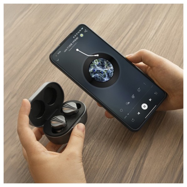 FiiO FW3 Wireless In-Ear Earphones, Grey - Lifestyle image, linked to phone