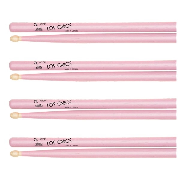 Los Cabos 7A Pink Hickory Wood Tip Drumsticks, 4 Pair Pack
