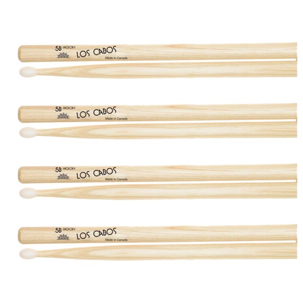 Los Cabos 5B Hickory Nylon Tip Drumsticks, 4 Pair Pack