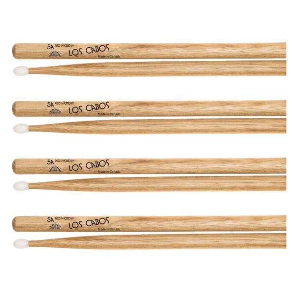 Los Cabos 5A Red Hickory Nylon Tip Drumsticks, 4 Pair Pack