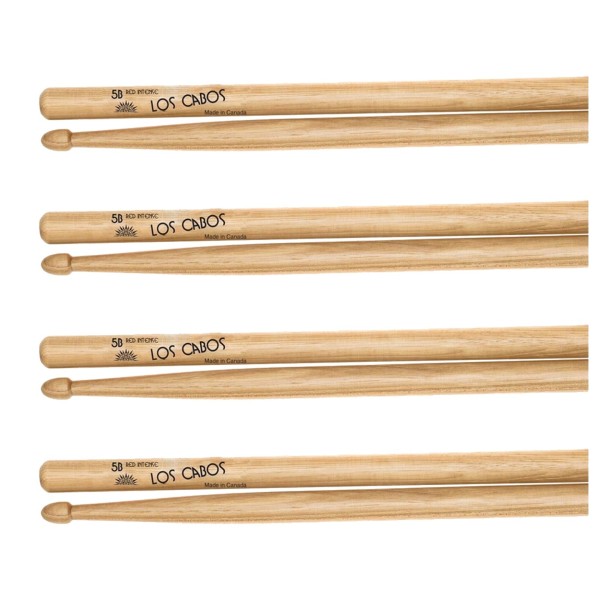 Los Cabos 5B Intense Red Hickory Wood Tip Drumsticks, 4 Pair Pack