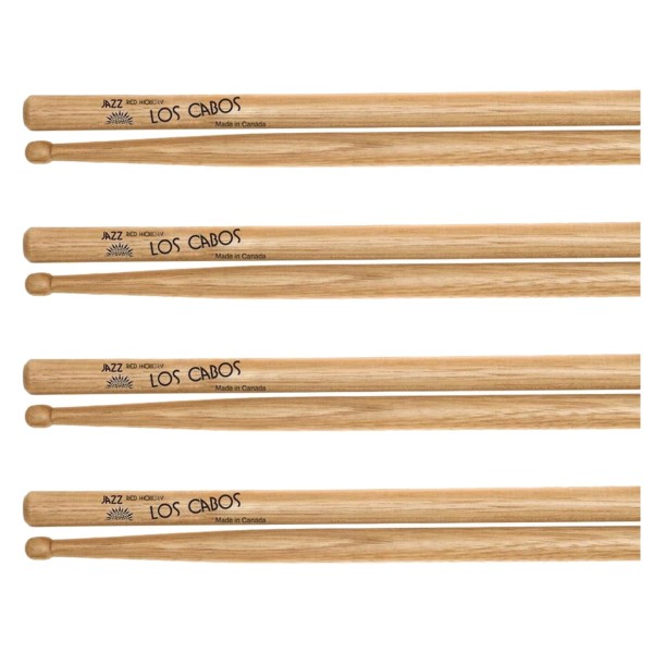 Los Cabos Jazz Red Hickory Wood Tip Drumsticks, 4 Pair Pack