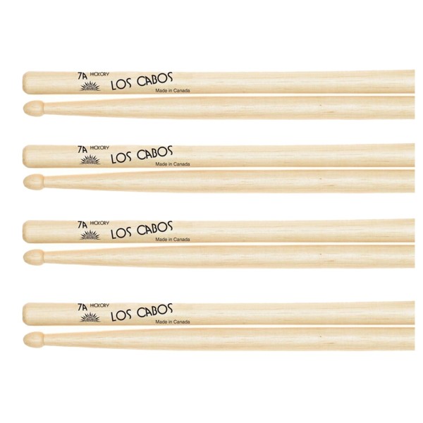 Los Cabos 7A Hickory Wood Tip Drumsticks, 4 Pair Pack
