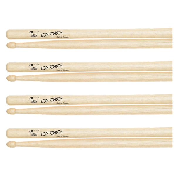 Los Cabos 5B Intense Hickory Wood Tip Drumsticks, 4 Pair Pack