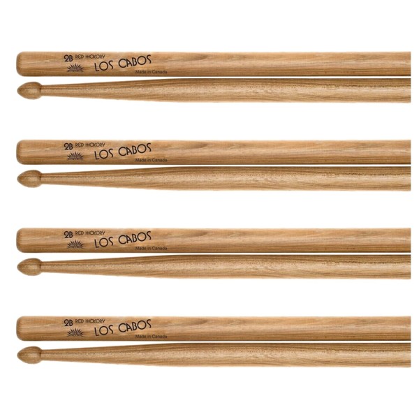Los Cabos 2B Red Hickory Wood Tip Drumsticks, 4 Pair Pack