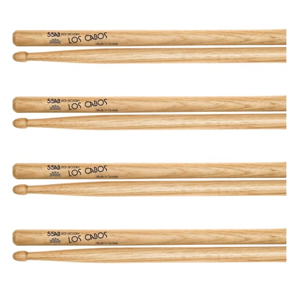 Los Cabos 55AB Red Hickory Wood Tip Drumsticks, 4 Pair Pack