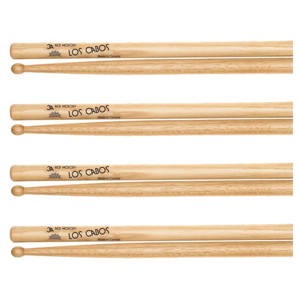 Los Cabos 3A Red Hickory Wood Tip Drumsticks, 4 Pair Pack