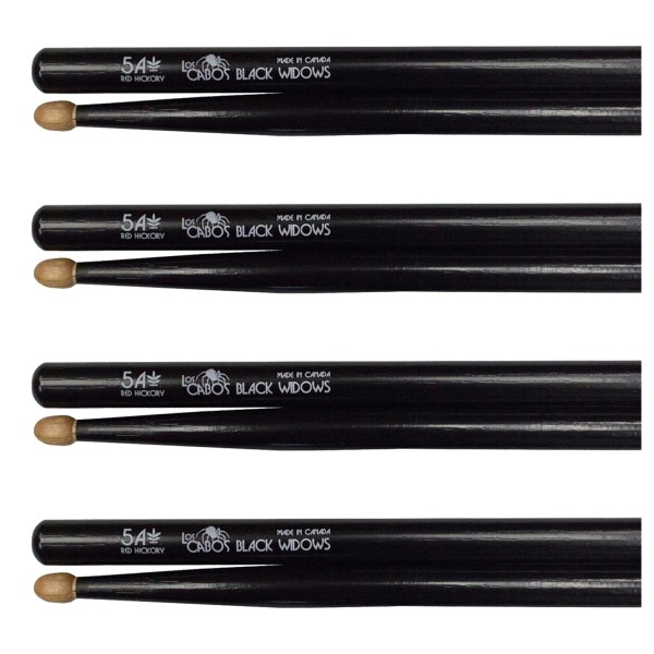 Los Cabos 5A Black Widow Red Hickory Wood Tip Drumsticks, 4 Pair Pack