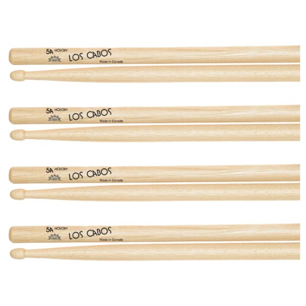 Los Cabos 5A Hickory Wood Tip Drumsticks, 4 Pair Pack