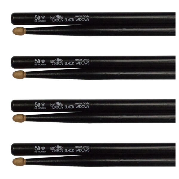 Los Cabos 5B Black Widow Red Hickory Wood Tip Drumsticks, 4 Pair Pack