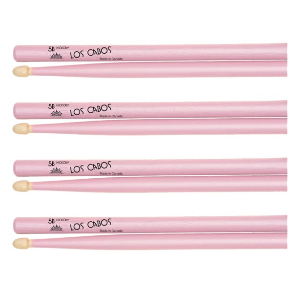 Los Cabos 5B Pink Hickory Wood Tip Drumsticks, 4 Pair Pack