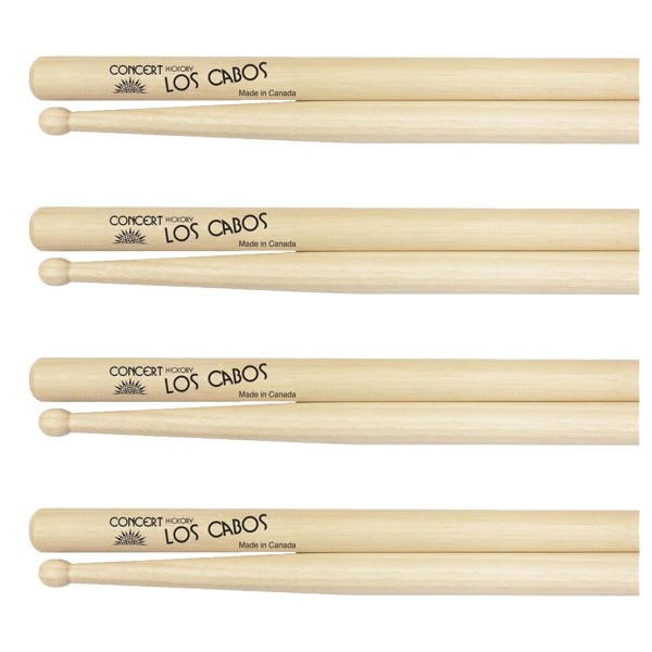 Los Cabos Concert Hickory Wood Tip Drumsticks, 4 Pair Pack