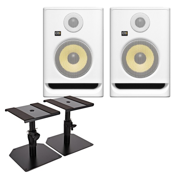 KRK ROKIT RP5 G5 Studio Monitors (White) with Desktop Monitor Stands - Bundle