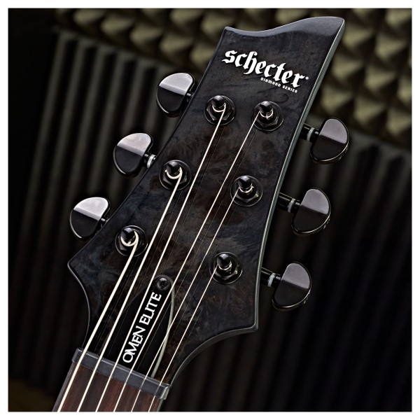 Schecter Omen Elite-6, See Thru Black Gear4music Exclusive - headstock 