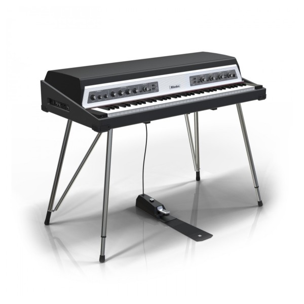 Rhodes MK8 Piano, Classic Black and Silver, with Silver Stand - Angled