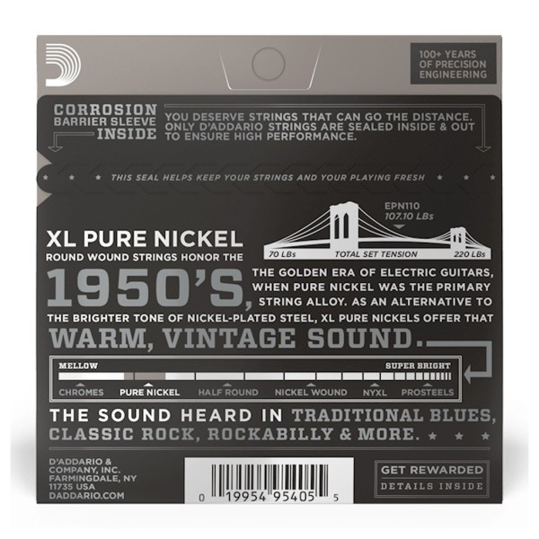D'Addario EPN110 XL Pure Nickel, Regular Light, 10-45