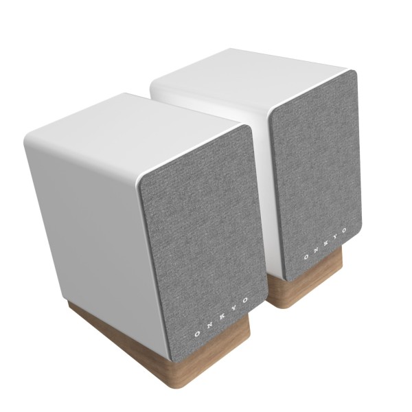 Onkyo Creator Series GX-10DB Wireless Bluetooth Gaming Bookshelf Speakers, White - angle grille 