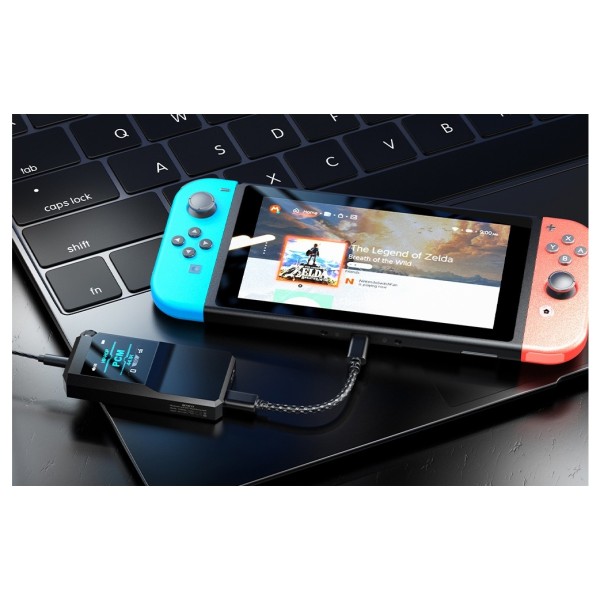 FiiO BTR17 Flagship Bluetooth Headphone Amplifier, Black - Lifestyle image, Nintendo Switch