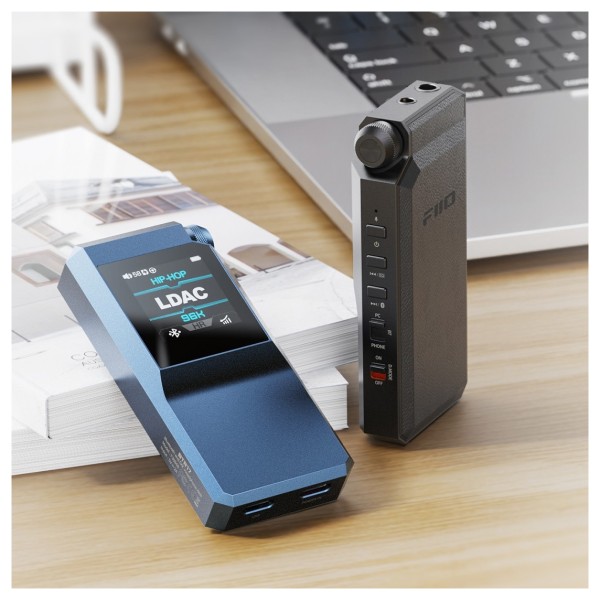 FiiO BTR17 Flagship Bluetooth Headphone Amplifier, Black - Lifestyle image, blue and black front and back