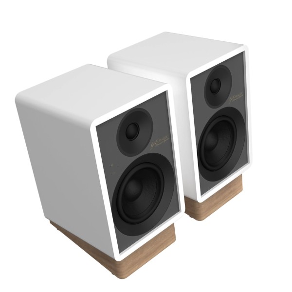 Onkyo Creator Series GX-30ARC Wireless Bluetooth Gaming Bookshelf Speakers, White - angle no grille 
