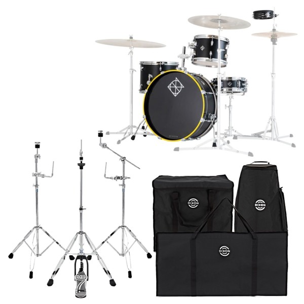 Dixon Drums 'Little Roomer' Gig Pack w/Hardware & Bags, Gloss Black w/Yellow Hoops