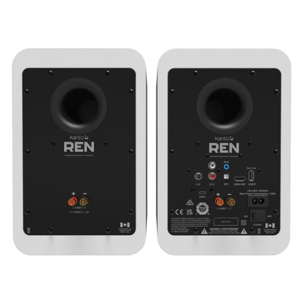 Kanto REN Powered Speakers with HDMI ARC, USB-C, and Bluetooth (Pair), Matte White - Rear
