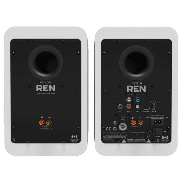Kanto REN Powered Speakers with HDMI ARC, USB-C, and Bluetooth (Pair), Matte White - Rear