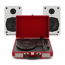 AVCOM Suitcase Turntable with Active Speakers, Red & White