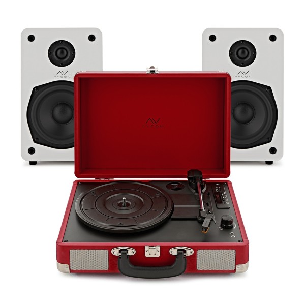 AVCOM Red Suitcase Turntable With White Active Speakers Bundle