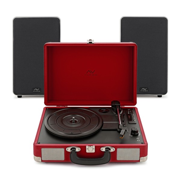 AVCOM Red Suitcase Turntable With White Active Speakers Bundle