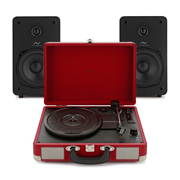 AVCOM Red Suitcase Turntable With Black Active Speakers Bundle