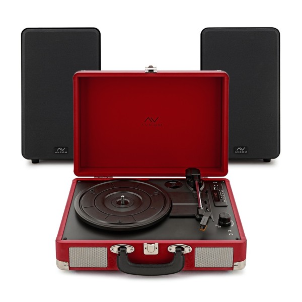 AVCOM Red Suitcase Turntable With Black Active Speakers Bundle