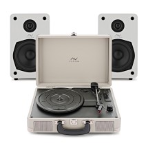 AVCOM Suitcase Turntable with Active Speakers, Cream & White