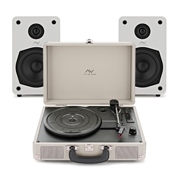 AVCOM Cream Suitcase Turntable With White Active Speakers Bundle