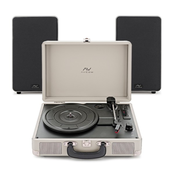 AVCOM Cream Suitcase Turntable With White Active Speakers Bundle