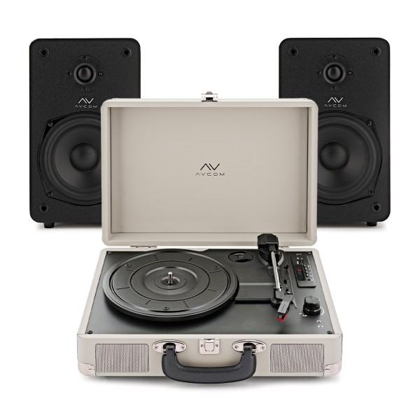 AVCOM Cream Suitcase Turntable With Black Active Speakers Bundle