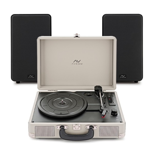 AVCOM Cream Suitcase Turntable With Black Active Speakers Bundle