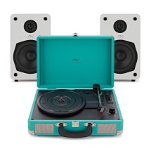 AVCOM Suitcase Turntable with Active Speakers, Green & White