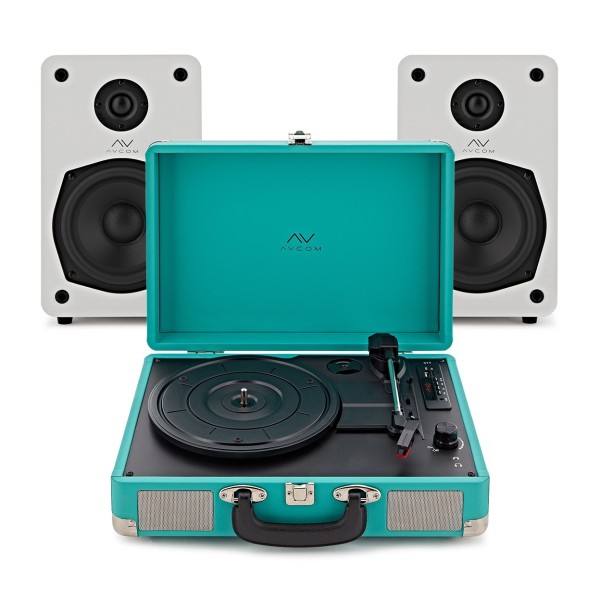 AVCOM Green Suitcase Turntable With White Active Speakers Bundle