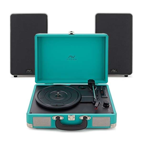 AVCOM Green Suitcase Turntable With White Active Speakers Bundle