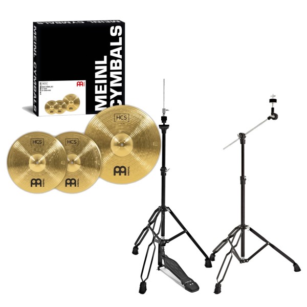 Meinl HCS Cymbal Set, 14" Hi Hat & 18" Crash/Ride & Gear4music Stands, Black