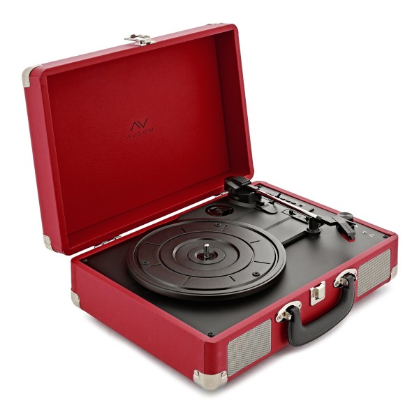 AVCOM Suitcase Turntable with Active Speakers, Red & White