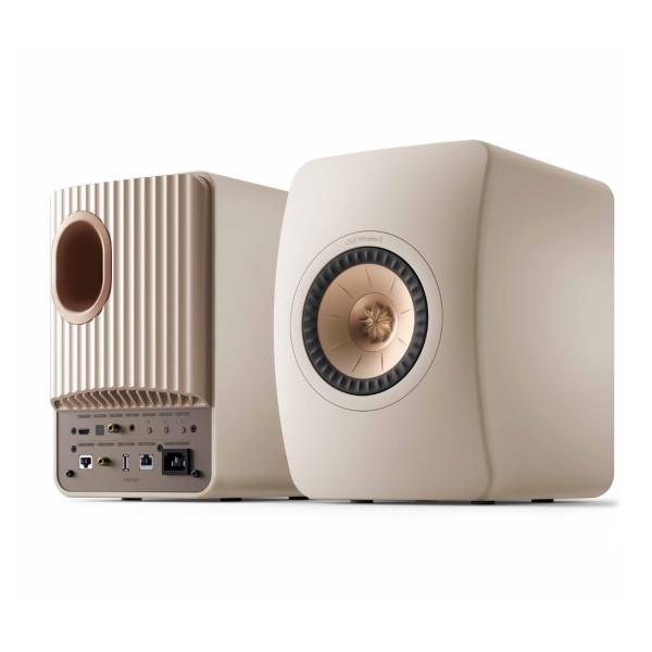 KEF LS50W MKII Wireless Speakers (Pair), Sand Shell - dual angle 