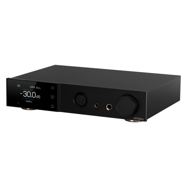 Topping A Series A70 Pro Desktop Headphone Amplifier, Black - Angled, detailing volume knob and headphone connections