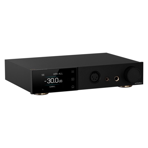 Topping A Series A70 Pro Desktop Headphone Amplifier, Black - Angled, detailing screen