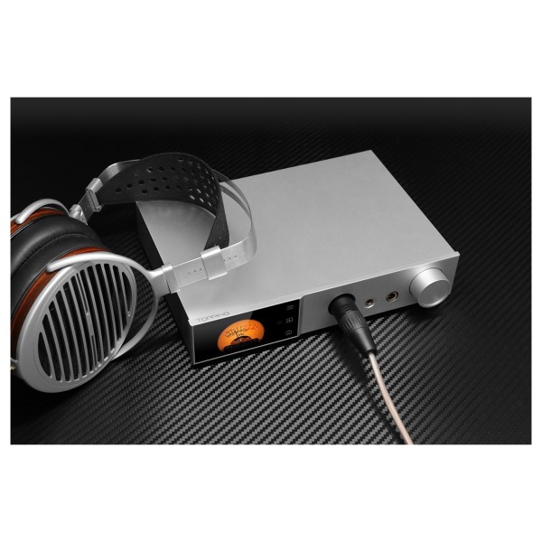 Topping A Series A70 Pro Desktop Headphone Amplifier, Silver - Lifestyle image with headphone connection