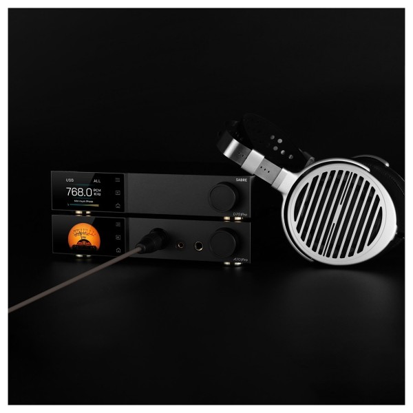 Topping A Series A70 Pro Desktop Headphone Amplifier, Black - Lifestyle image with D70 Pro